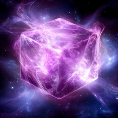 Poster - Luminous Cosmic Cube with Nebulous Purple Energy Radiating Outwards in Deep Space Backdrop