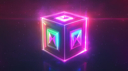 Poster - Luminous Cube Geometry 3D Rendered Abstract Design Neon Illumination Space Age Aesthetic Backdrop