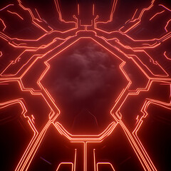 Poster - luminous digital circuitry over red tinted cloudy sky evoking technological advancement mood