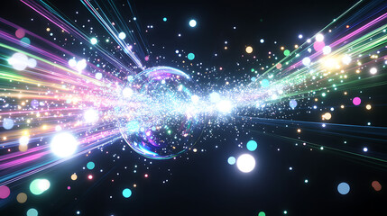 Poster - Luminous Energy Sphere Radiating Multicolored Light Streams Across The Dark Void of Space