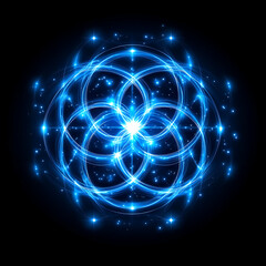 Poster - Luminous Flower of Life Cosmic Arrangement Geometric Design Bright Blue Rings Celestial Composition