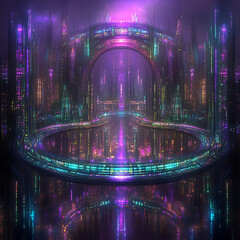 Poster - Luminous Future Cityscape with Arched Portal and Neon Reflections in Urban Lightscape Dreams