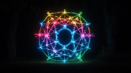 Poster - Luminous Geometric Sculpture in Woodland Radiating Rainbow Spectrum Illumination at Night