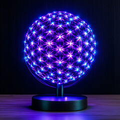 Poster - Luminous Geometric Sphere Lamp Glowing with Blue and Purple Light on Wooden Surface at Night