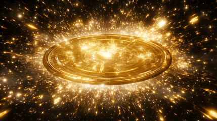 Poster - luminous golden disk radiating in hyperspace burst of brilliant energy light streams effect concept