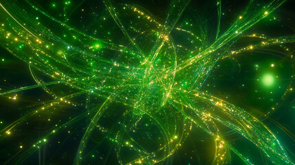 Poster - Luminous Green Threads Intertwined Gleaming Sparkles Abstract Art Glowing Spirals Complex Patterns