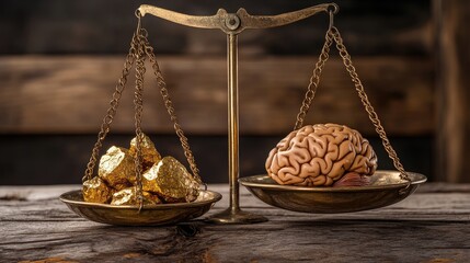 Poster - A human brain placed on a scale opposite a gold nugget, symbolizing intellect versus greed.