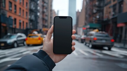 Poster - Person holding a smartphone with a blank screen. City street background