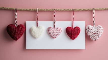 Sticker - Decorative Valentine's card with hanging hearts in pink, white, and red, on a soft rose-pink background. Romantic vibe