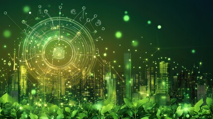 Wall Mural - Green city at night with futuristic eco-friendly technology overlay.