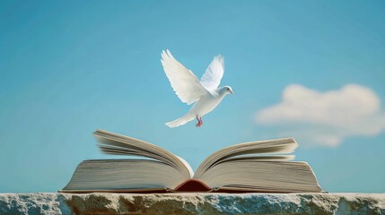 Poster - An open book lying on a table with a serene white dove rising from the pages, against a clear blue sky.