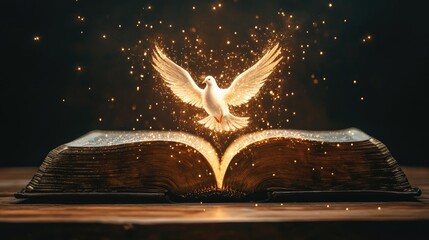 Poster - An open book on a wooden table with a glowing white dove gracefully emerging, surrounded by golden light and sparkles.