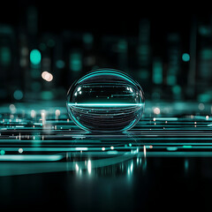 Poster - luminous sphere on teal lines reflective surface abstract futuristic tech visualization composition