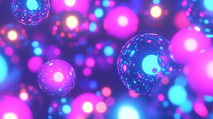 Poster - Luminous Spheres Abstract Neon Light Composition with Glowing Particles and Colorful Bubbles