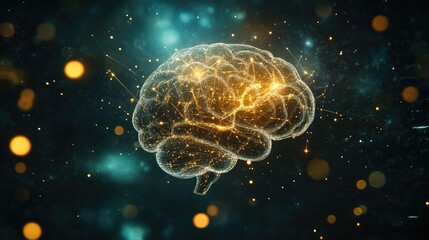 Fototapete - Abstract digital brain with golden particles and pulsating neural connections, set against a dark sci-fi background