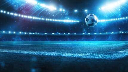Leinwandbilder - Abstract sports background with glowing stadium floodlights and a football flying toward the goalpost, with space for branding.