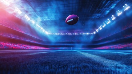 Leinwandbilder - Abstract sports background with glowing stadium floodlights and a football flying toward the goalpost, with space for branding.