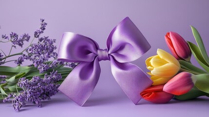Leinwandbilder - Chic greeting card layout with a silky lilac ribbon bow, vibrant mimosa, and fresh tulips on a soft lavender background