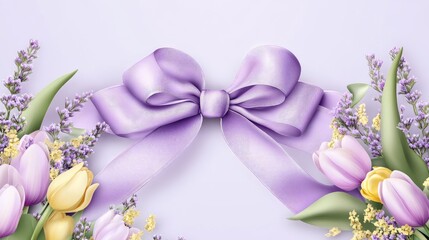 Leinwandbilder - Chic greeting card layout with a silky lilac ribbon bow, vibrant mimosa, and fresh tulips on a soft lavender background