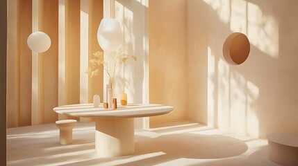 Aufkleber - Minimalist beige interior with natural light and round objects. Use Product presentation or home decor inspiration