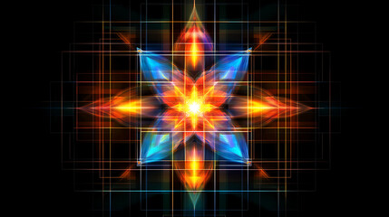 Poster - Luminous Starburst Geometric Mandala Pattern Radiating Energy on a Black Background Space Abstract Art