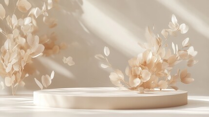 Leinwandbilder - Elegant curved 3D platform with floating spring leaves and floral highlights, offering a dreamy yet minimal aesthetic.