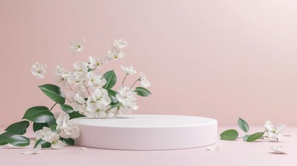 Leinwandbilder - Elegant white 3D podium with soft spring florals and green leaves, set against a pastel background, minimalist aesthetic