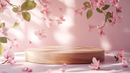 Aufkleber - Floating wooden podium with subtle pink petals and spring foliage, modern minimalist scene, natural elegance