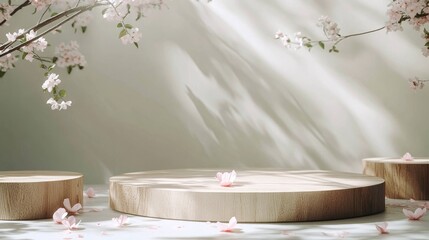 Aufkleber - Floating wooden podium with subtle pink petals and spring foliage, modern minimalist scene, natural elegance