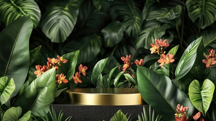 Aufkleber - Luxury gold-edged platform among wild spring flowers and lush green leaves, clean and stylish design