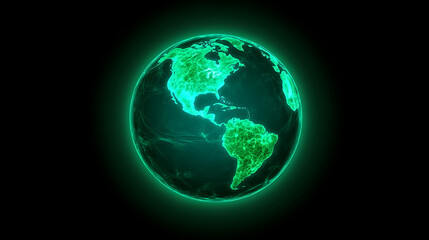 Poster - luminous terrestrial globe displaying north and south american continents in green hues on black bac