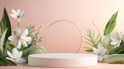 Leinwandbilder - Minimalist 3D podium surrounded by soft spring leaves and delicate floral accents on a pastel background, perfect for product display.