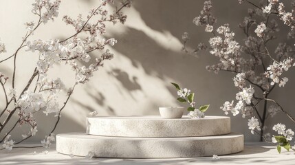 Aufkleber - Neutral-toned 3D podium with hints of spring florals and gentle leaf patterns, perfect for showcasing natural beauty.