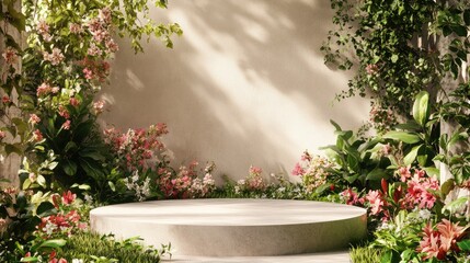 Leinwandbilder - Organic-inspired 3D podium surrounded by vibrant spring foliage and blossoms, blending nature with modern simplicity.