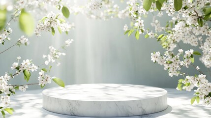 Poster - Round marble podium surrounded by delicate cherry blossoms and fresh green leaves, soft lighting, airy spring atmosphere