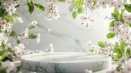 Poster - Round marble podium surrounded by delicate cherry blossoms and fresh green leaves, soft lighting, airy spring atmosphere