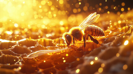 A close-up of bees on a honeycomb