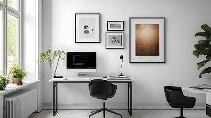 Aufkleber - Modern workspace with framed art, minimalist style. Possible use for interior design inspiration