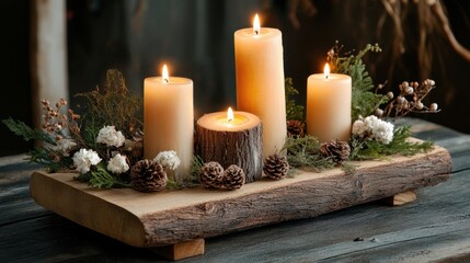 Canvas Print - Elegant rustic candle setup with a glowing centerpiece, accented by wooden and floral details for a serene mood