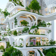 Poster - Luxurious Futuristic White Architecture with Lush Greenery and Open Balconies Skyhigh Estate
