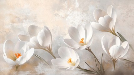 Canvas Print - Elegant white crocus flowers in full bloom with a light pastel spring vibe.