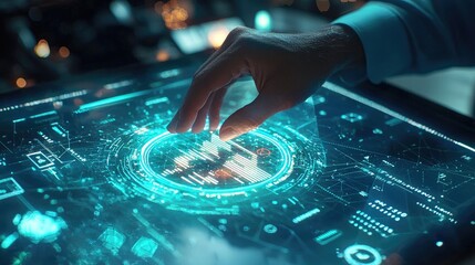Poster - Futuristic Technology Interface, Hand Interacting with Holographic Data Display