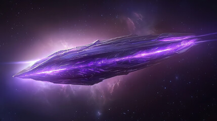 Poster - majestic interstellar spaceship soaring through nebula in hyperspace amidst glimmering stars