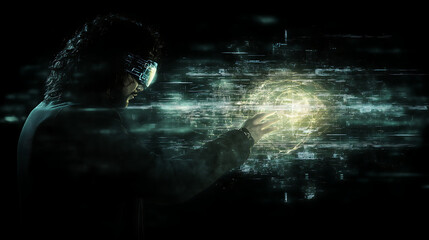 Poster - Man Wearing Futuristic Headgear Interacting with Glowing Energy Sphere in a Dark Virtual World