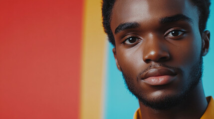 Striking portrait of a confident African American man, against a colorful backdrop, showcasing his strong features and captivating gaze.