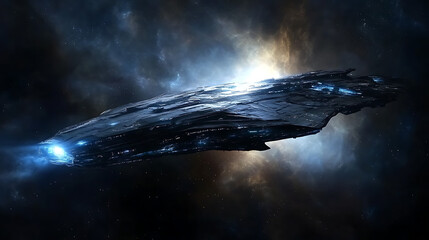 Poster - massive spaceship floating amidst a nebula displaying advanced technological brilliance and scale
