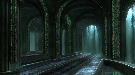 Poster - matrix inspired cathedral interior with glowing binary code cascades and arched gothic architecture