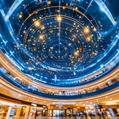 Poster - Mesmerizing Abstract Spheres in a Multilevel Mall Illuminated by Golden Light and Azure Tones