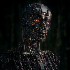 Poster - Metallic Cybernetic Android Figure with Red Glowing Eyes Standing Defiantly in a Dark Ominous Setting