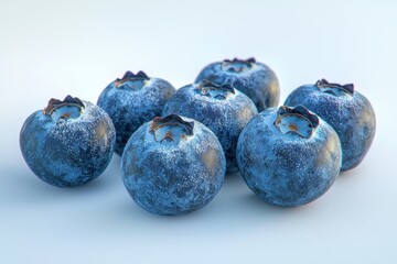 Wall Mural - A vibrant group of fresh blueberries covered in a delicate frost, showcasing their natural beauty and healthy appeal against a soft white backdrop, evoking a sense of freshness.